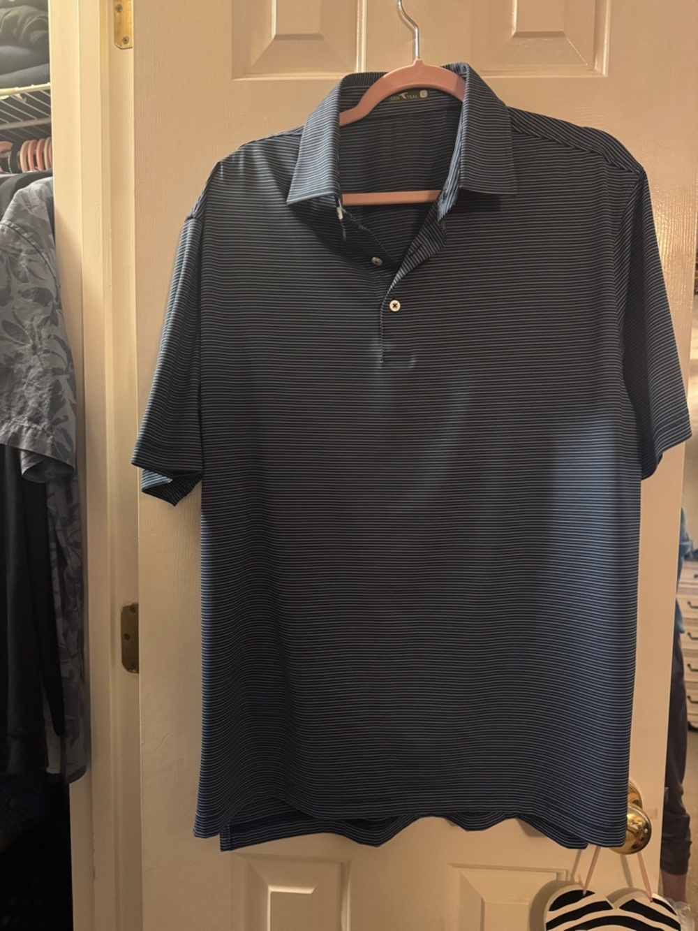 Gen Teal Men’s Blue Micro-Stripe Performance Polo Shirt Large NWOT - Picture 2 of 6